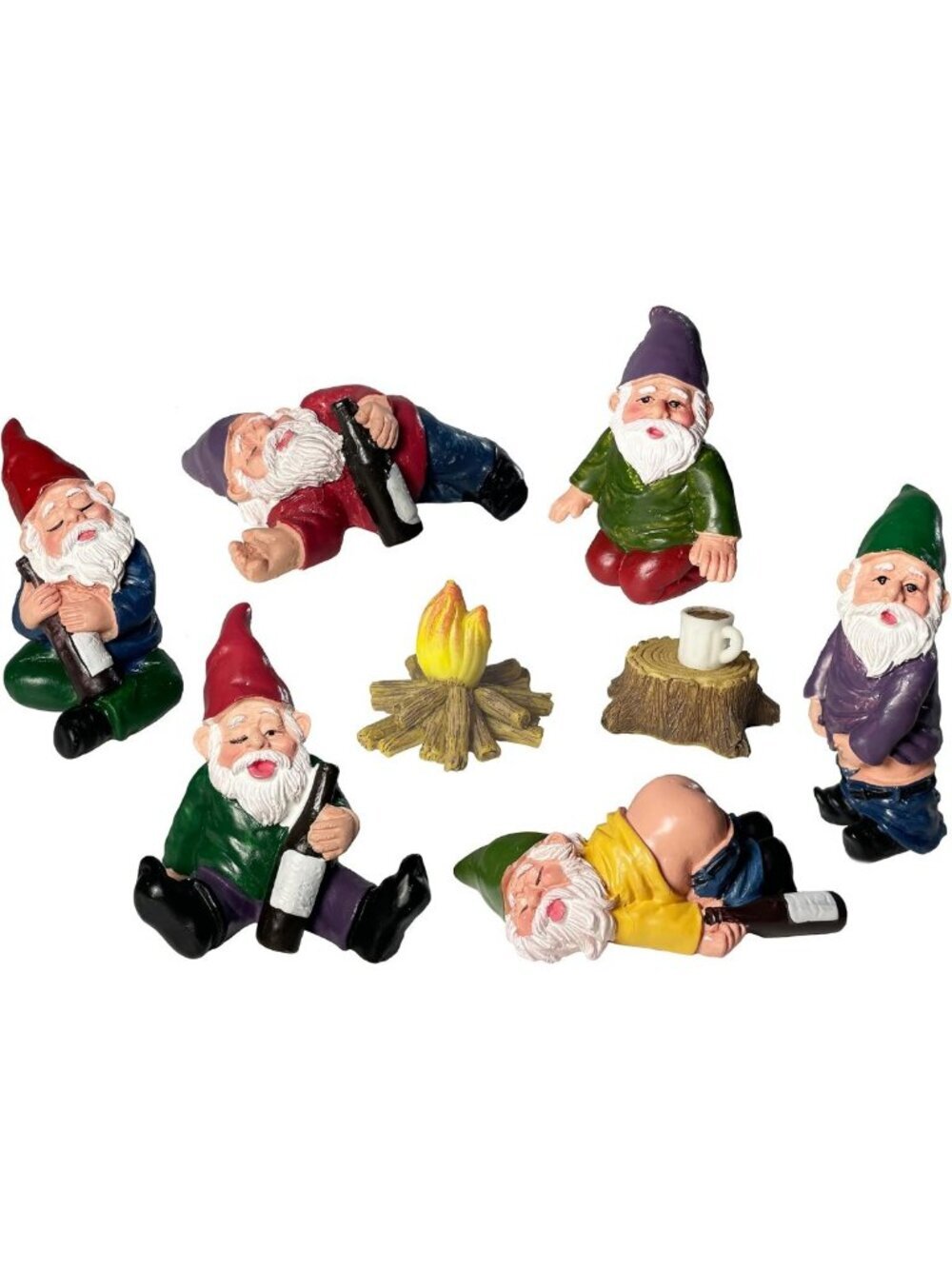 9pcs Miniature Gnome Set with Fire & Furniture - Fairy Garden Decor & Home